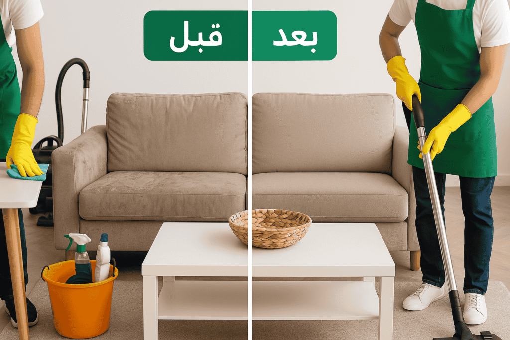 صورة مقارنة قبل و بعد لخدمة تنظيف غرفة معيشة تقدمها أفضل شركة تنظيف منازل fiveservicesباستخدام معدات متقدمة