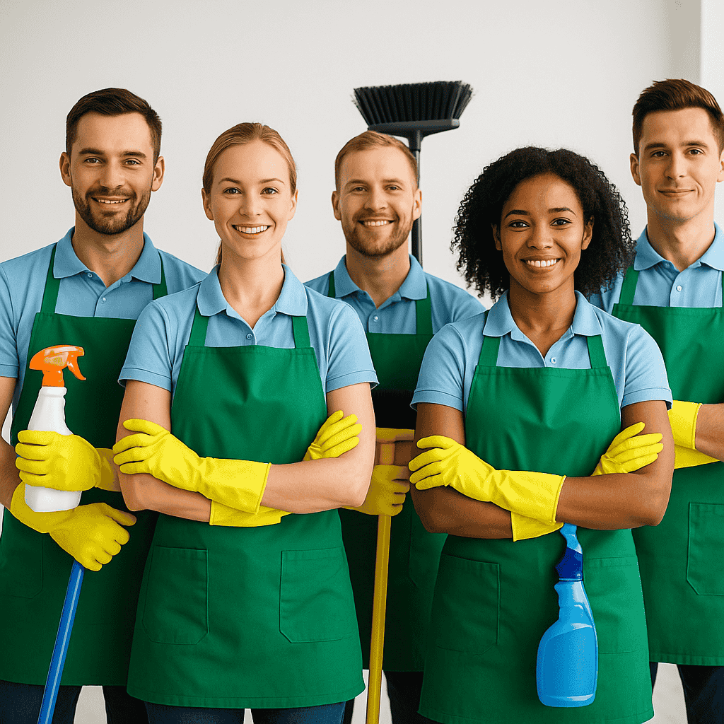 صورة فريق تنظيف مختلط من الرجال و النساء بزي موحد يمثل طاقم أفضل شركة تنظيف منازل باحترافة كاملة.