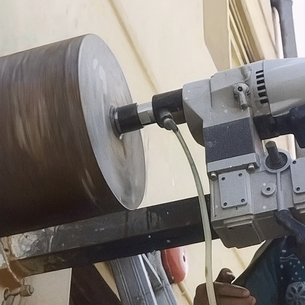 جهاز كور دريل لون فضي و به ماسة حفر على الاغلب مقاس 12 بوصة قص وتخريم الخرسانة بجدة يقو بالحفر في جدار خارج المنزل مثبت بطريقة المحترفين و موصل بمياة تبريد في تخريم الخرسانة المسلحة