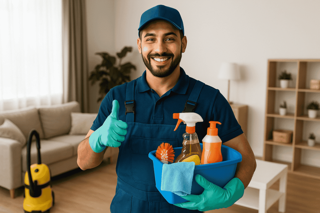 عامل محترف من أفضل شركة تنظيف منازل يحمل أدوات تنظيف مبتسم داخل غرفة معيشه منظمه