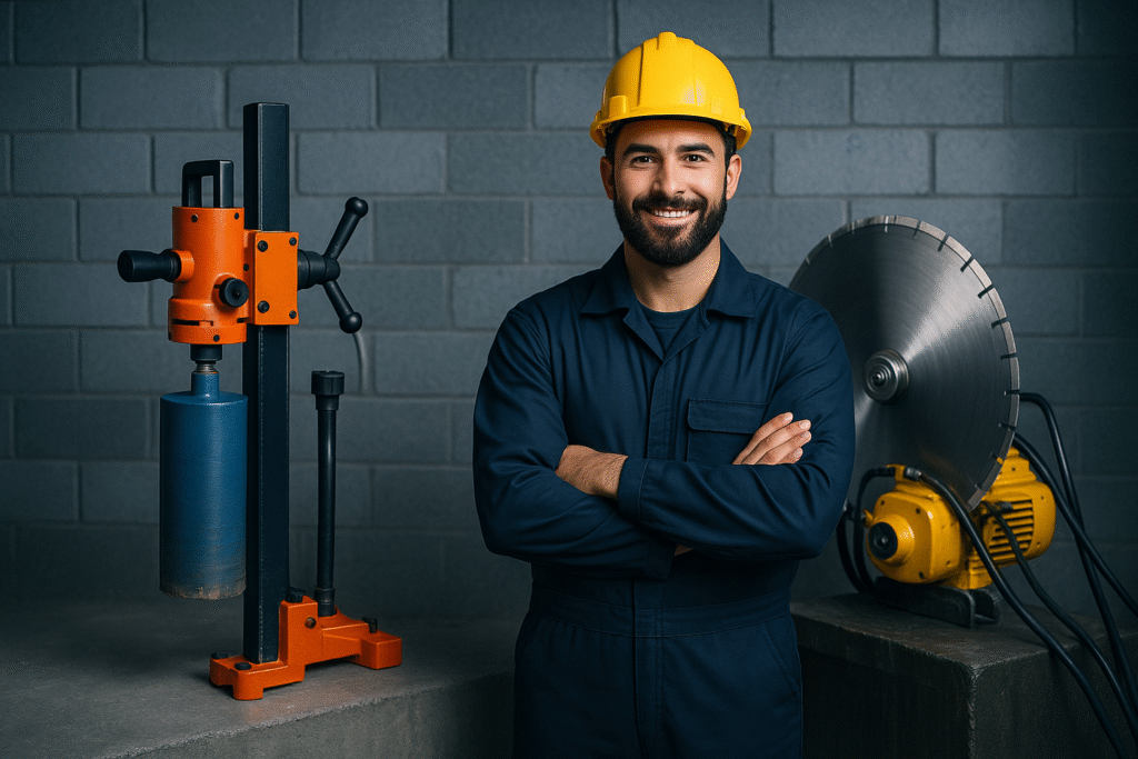 فني سعودي مبتسم يرتدي خوزه واقية يقف بجانب معدات قص و تخريم الخرسانة المسلحة فى ورشة عمل حديثه بجدة