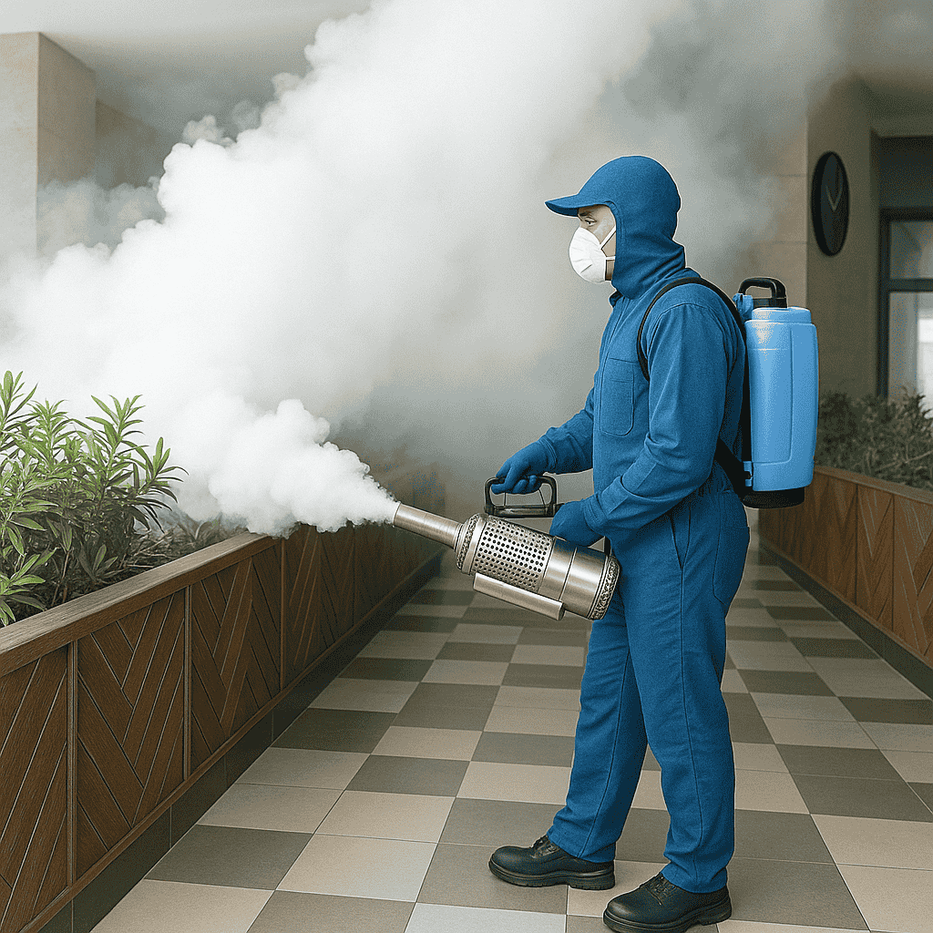 فني من شركة مكافة الحشرات بجدة يرش الضباب لمكافحة الحشرات الظائرة باستخدام جاهز ضبابي احترافي في ممر خارجي