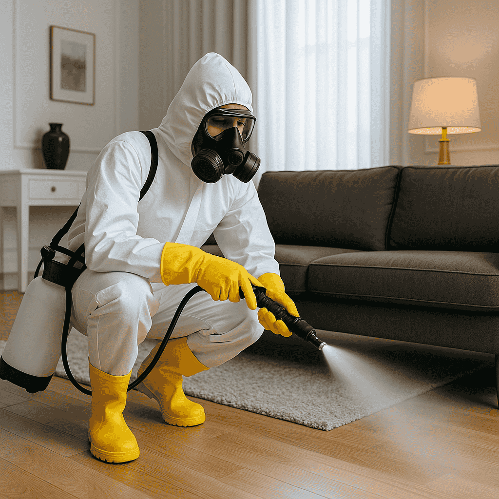 فني من شركة مكافحة الصراصير بجدة يرتدي بدلة وقائيه كاملة و يقوم برش مبيد حشري داخل منزل للتخلص من الصراصير بشكل امن و فعال