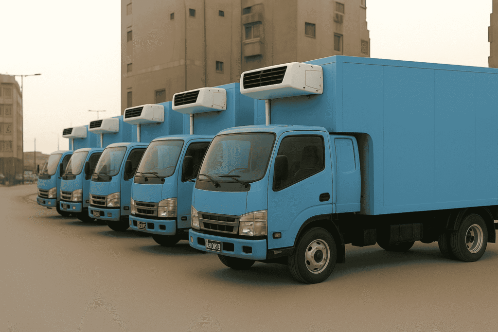 أسطول من احنات النقل المبرد الزرقاء مصطفة فى شارع داخل مدينة سعودية