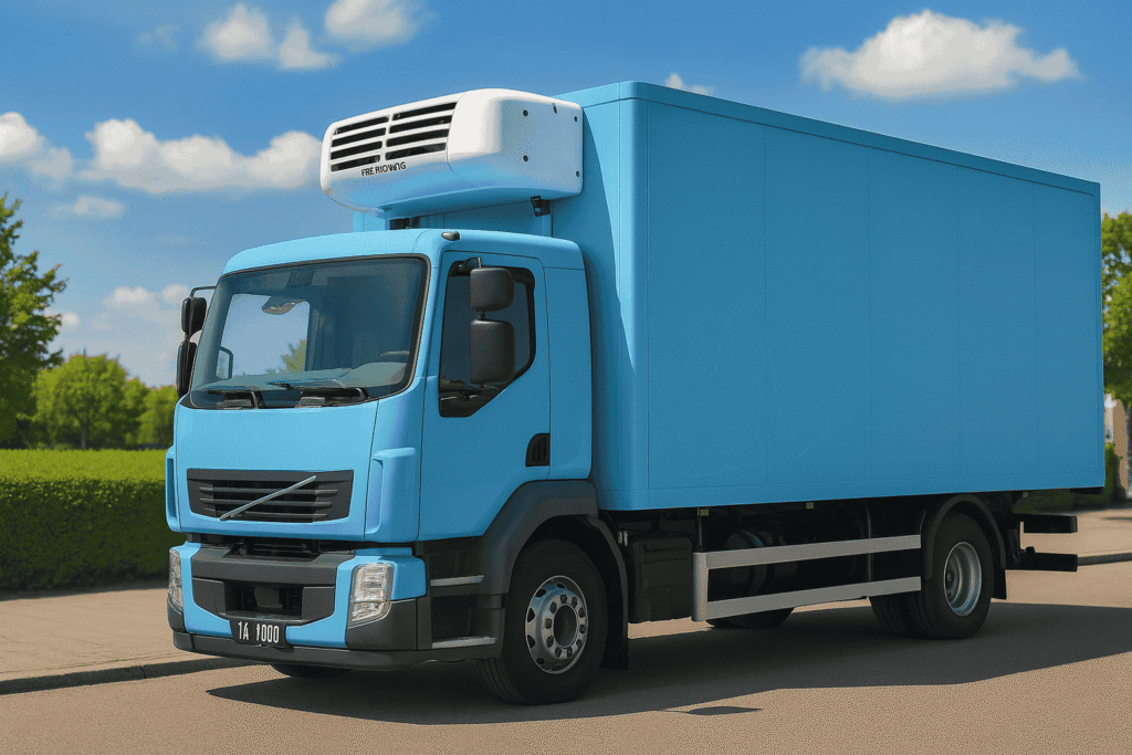 شاحنة تبريد زرقاء متقفة فى شارع حضري بجانب مساحات خضراء تمثل شركات النقل المبرد