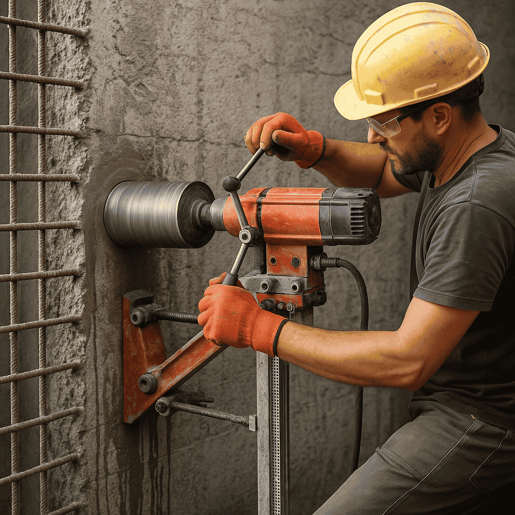 عامل يقوم بتخريم الخرسانة المسلحة بطريقة افقية متخذ ادوات السلامة من خوزة صفراء و قفازات حمراء