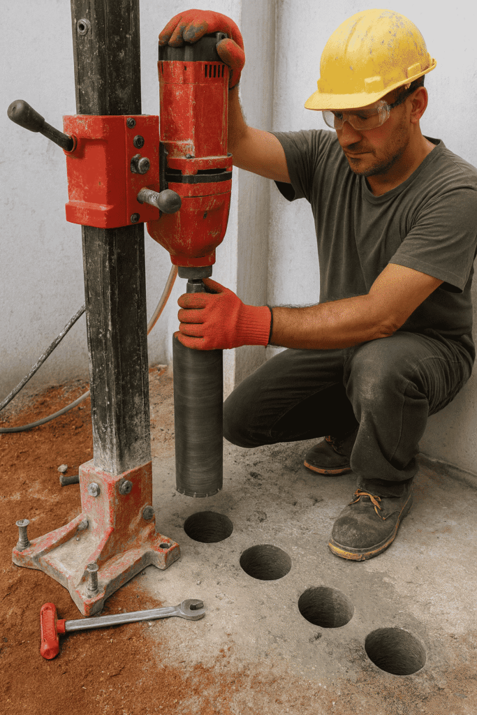 فني تخريم خرسانة مسلحة يرتدي خوزة صفراء و نظارة واقية و قفازات حماية يمسك بمكينة تخريم الخرسانه حمراء مثبتة جيد فى الارضية