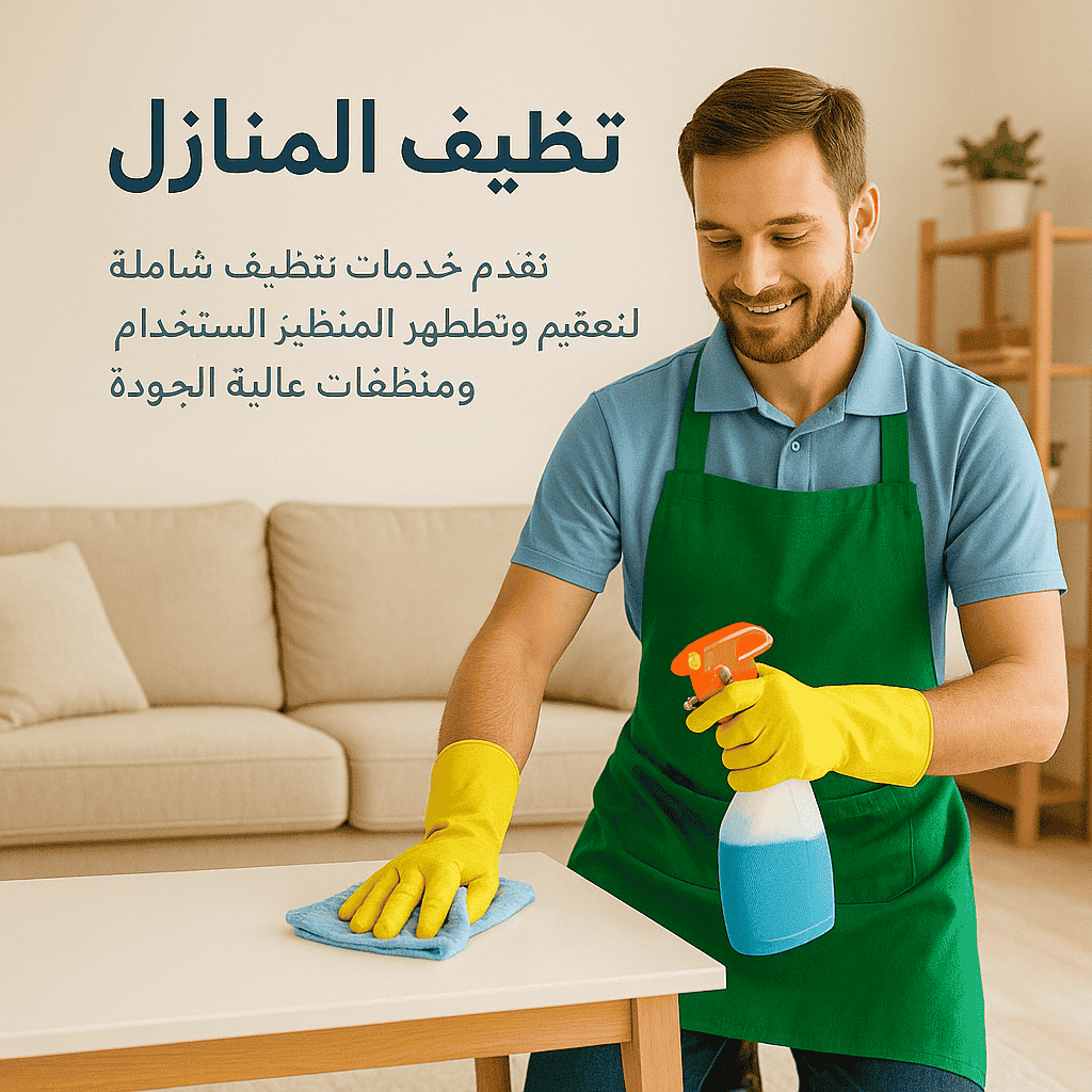 عامل نظافة يبتسم اثناء تنظيف طاولة بإستخدام بخاخ و منشفة قماش
