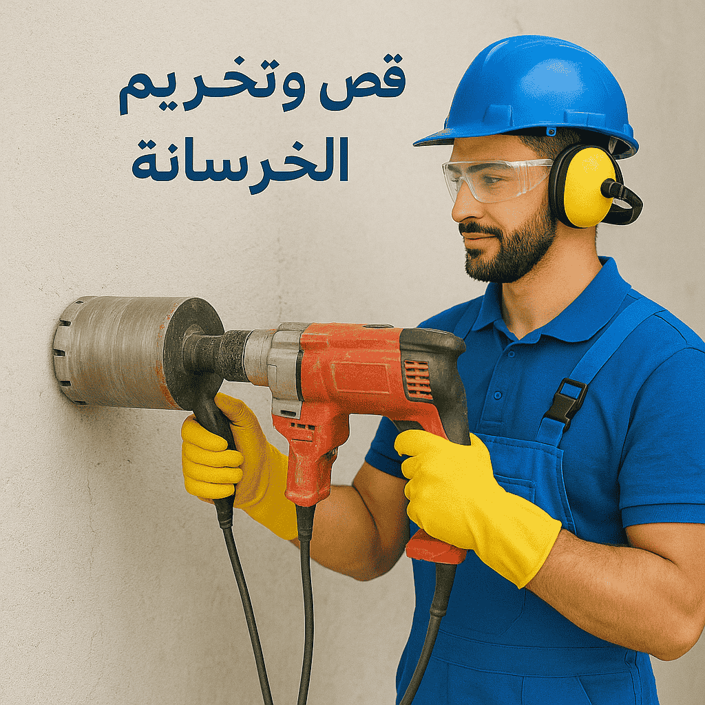 فني من شركة خدمات في جدة يستخدم جهاز كور لقص و تخريم جدار خرساني