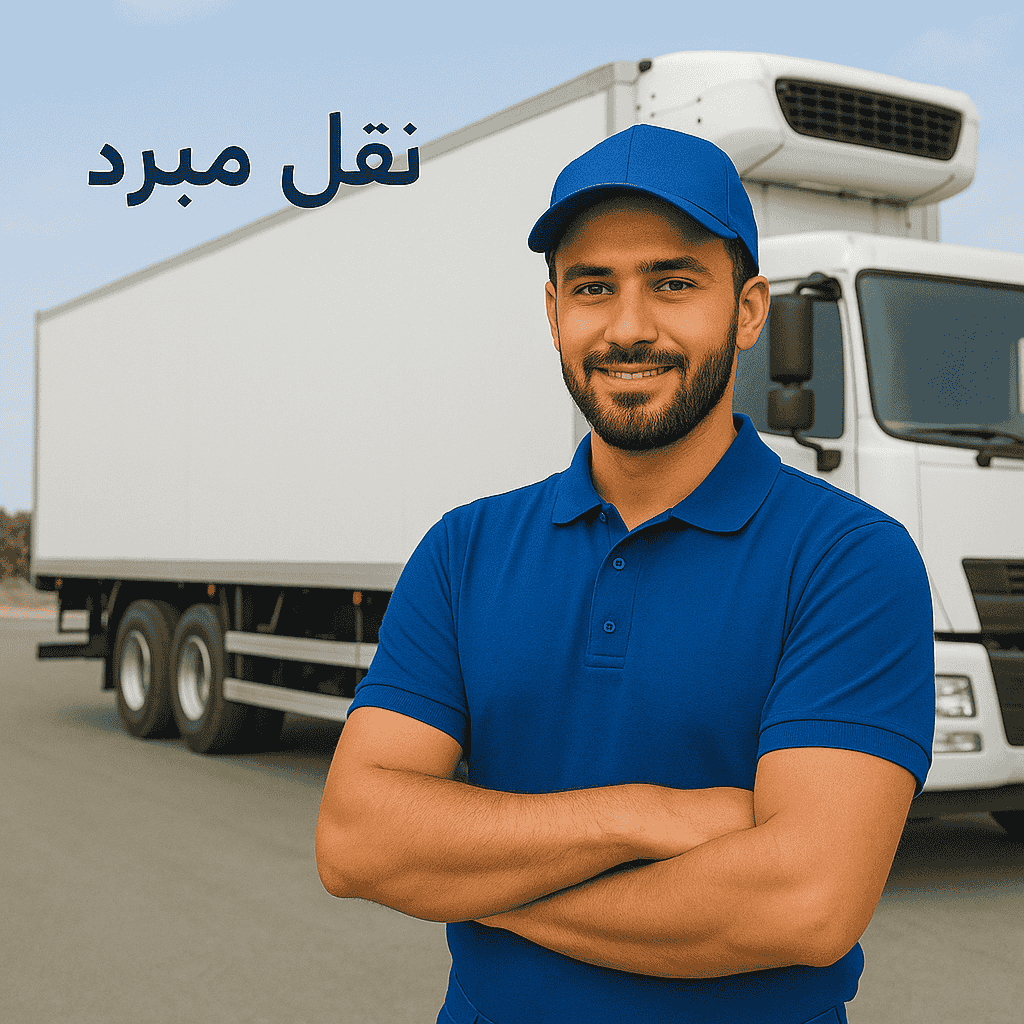 موظف خدمات لوجستية يقف أمام شاحنة تبريد مخصصة لنقل المنتجات الحساسة خدماتنا تسهل عليك