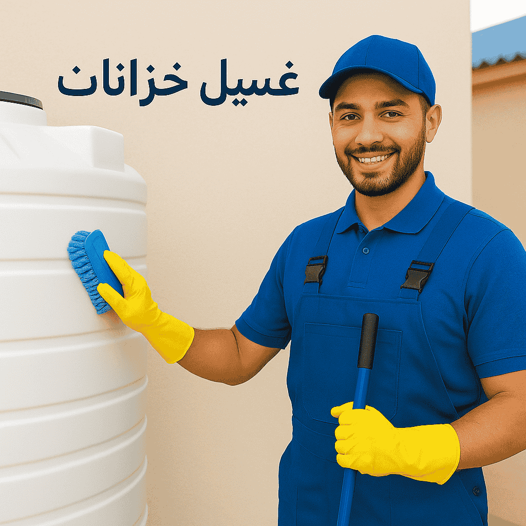فني تنظيف خزانات يغسل خزان مياه خارجي باستخدام فرشاة