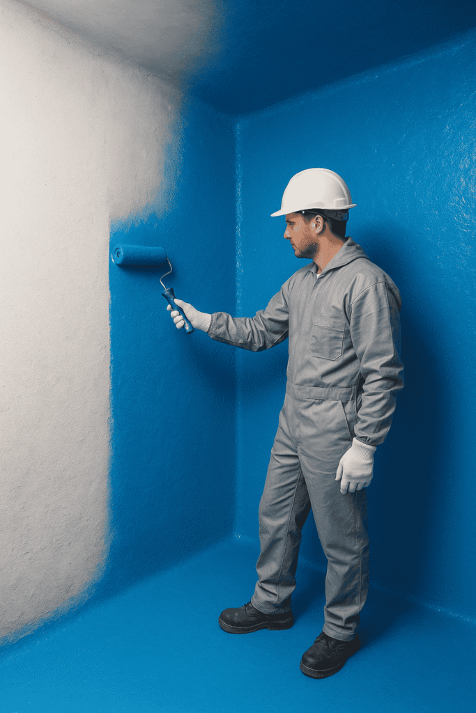 عامل يقوم بطلاء جدران الخزان بمادة زرقاء اللون مرتديا زي واقي و خوزة السلامة و يستخدم رول