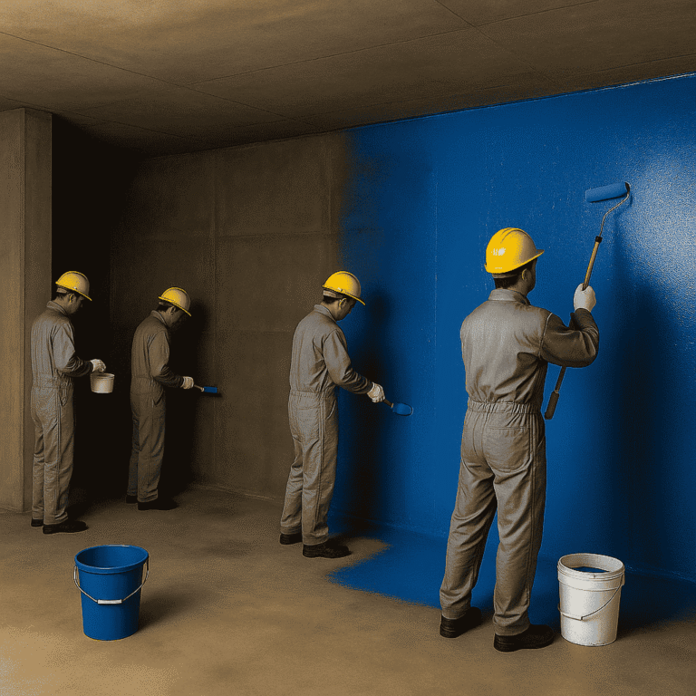 فنيون يرتدون خوزات أمان يطبقون مادة عزل زرقاء لامعة على جدران خزان مياة باستخدام الرولات. من شركة عزل خزانات بجدة