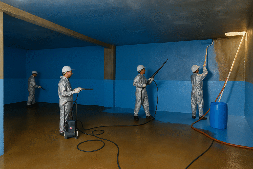 فنيون يرتدون ملابس واقية و يقوموت بعزل جدران خزان مياة بمادة زرقاء لامعة مقاومة للتسريب عبارة عن طبقتان طبقه اولى باهتة و طبقة نهائية