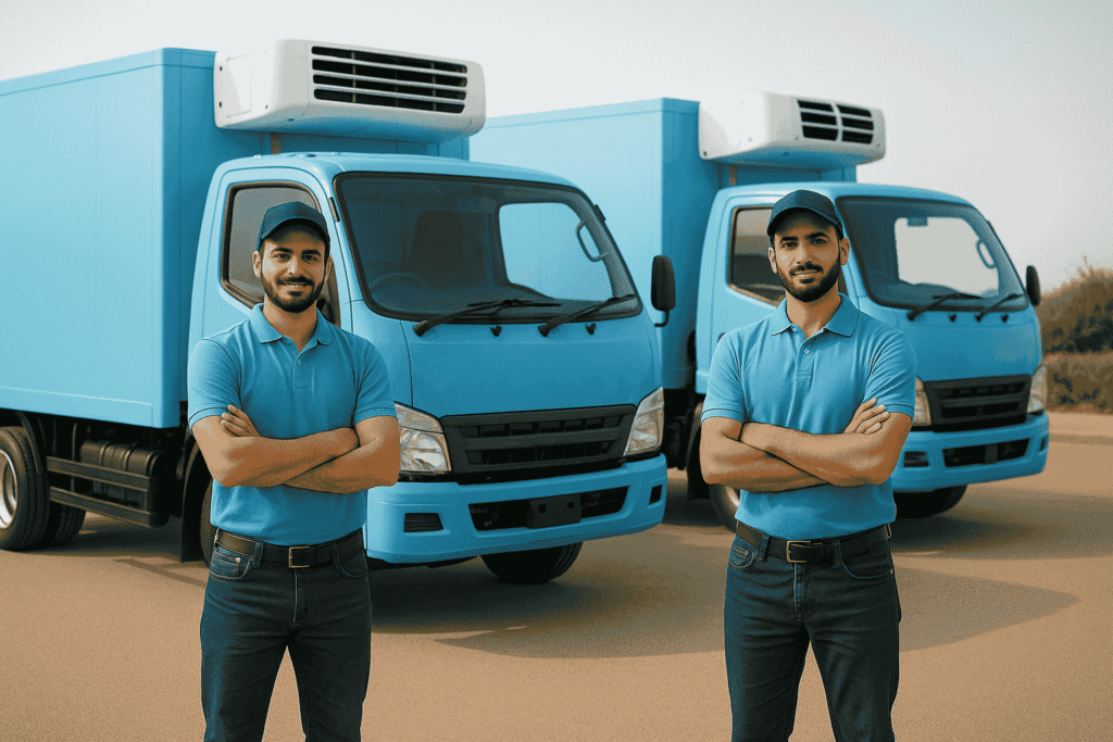 سائان أمام شاحنتان تبريد زرقاوين فى شارع خارجي بمظهر أحترافي.من شركات النقل المبرد