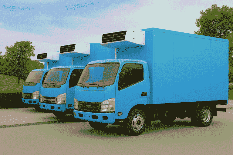 منر علوي مائل لأسطول من شاحنات نقل مبرد بلون أزرق سماوي مصطفَة فى شارع تجاري بمدينة سعودية مقدمة من شركات نقل مبرد في السعودية