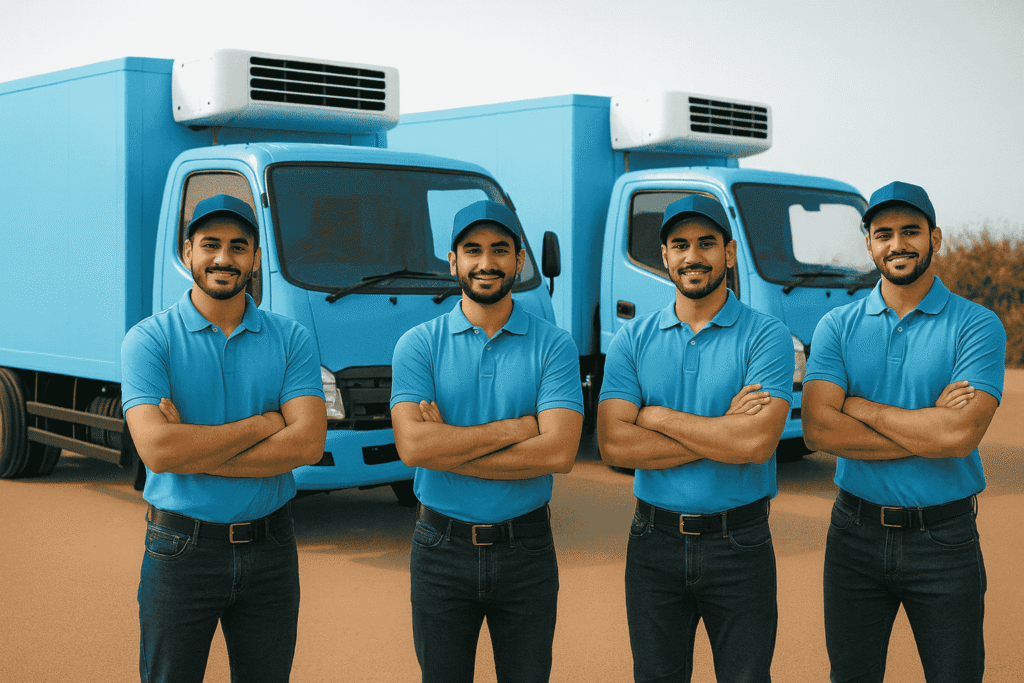 أربع سائقين محترفين يقفون أمام شاحنتان نقل مبرد بالوان زرقاء مصطفة فى منطقة مفتوحة،تعكس جاهزية شركات نقل مبرد في السعودية للخدمات اللوجستية