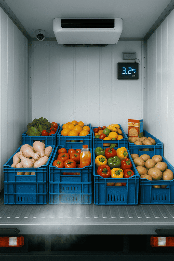 صورة من داخل شاحنة نق مبرد تحتوي على مواد غذائية مرتبة، شاشة الكتلرونية لعرض درجة الحرارة، و كامرة مراقبة مثبتة،
