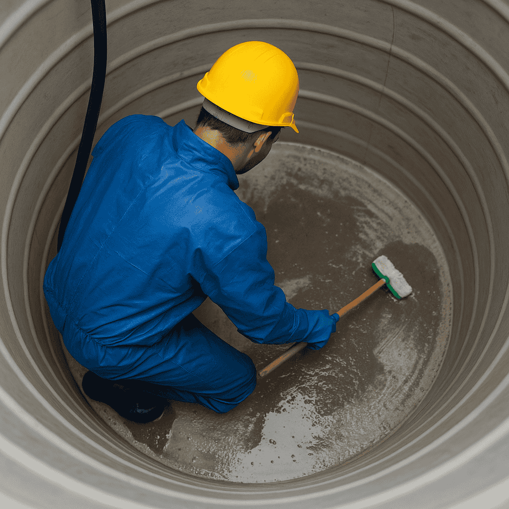 عامل يرتدي بدلة زرقاء و خوذة صفراء يقوم بتنظيف خزان مياهارضي باستخدام فرشاة تنظيف طويلة داخل الخزان