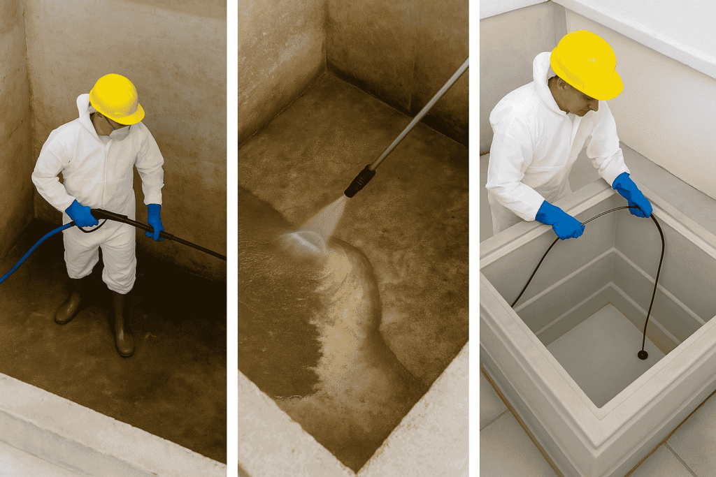 عامل من شركة تنظيف خزانات المياه يرتدي بدلة  حماية و خوزة صفراء يقوم بتنظيف خزان مياة أرضي باستخدام جهاز ضغط عالى ، يزيل الاوساخ و الطين قبل تعقيم الخزان بالكامل.