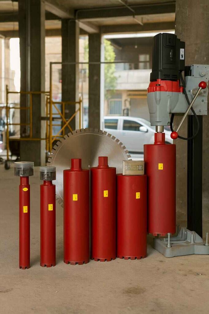 عدة اسطوانات حفر خرسانية حمراء بجانب مكينة تخريم احترافية فى موقع إنشائي،تستخدم لـعمال قص و تخريم الخرسانة المسلحة بدقة عالية.