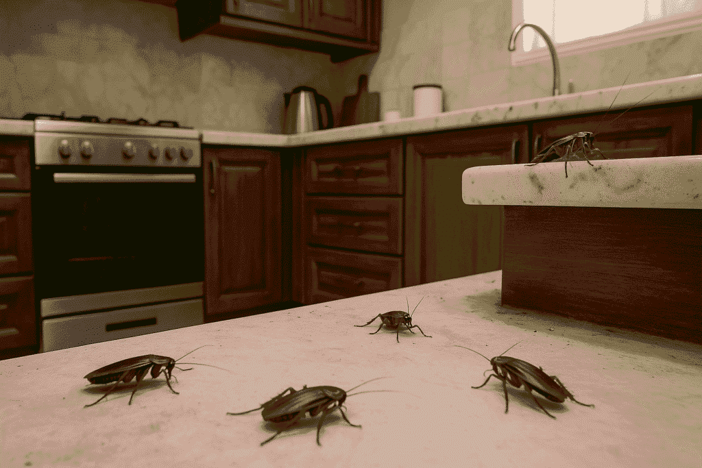 صراصير منتشرة داخل مطبخ خشبي نظيف فى جدة مما يوضح خطورة انتشار الحشرات