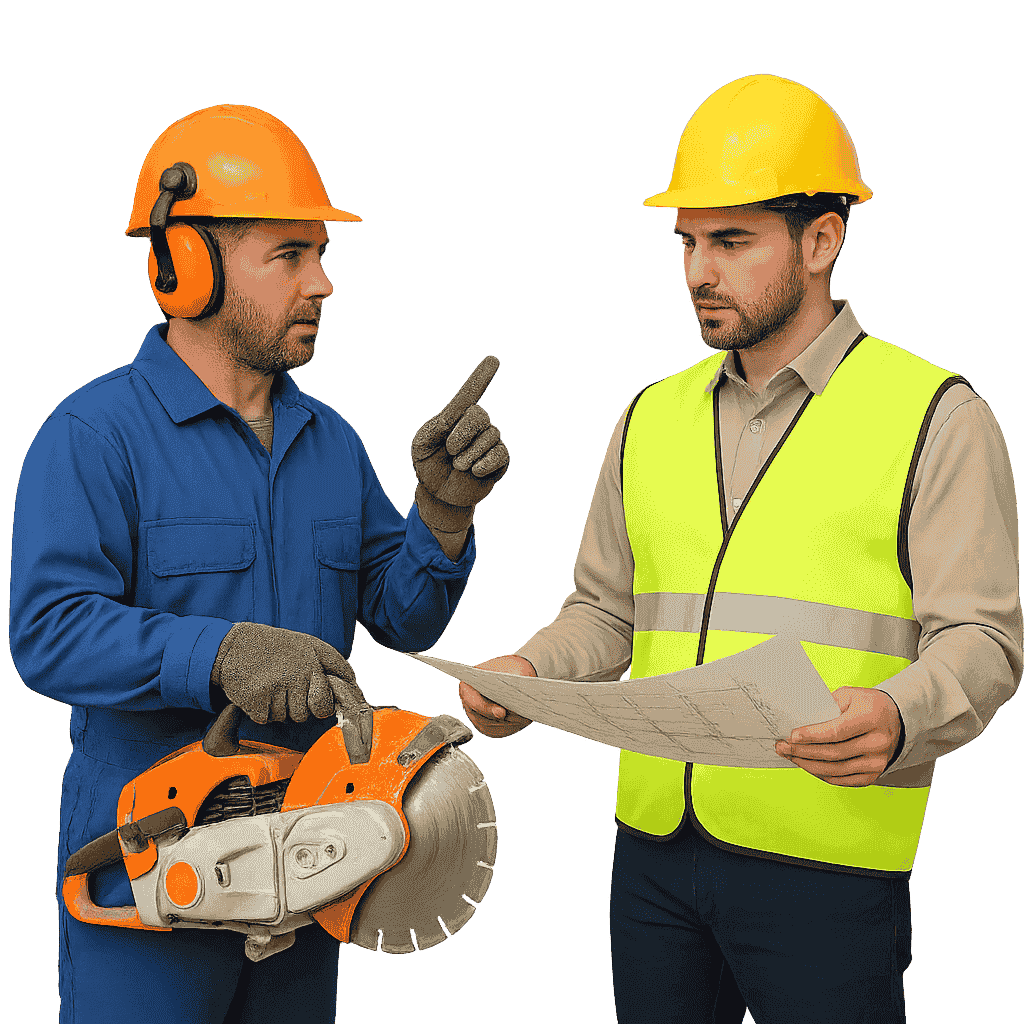 مهندس انشائي يتشاور مع فني قص وتخريم الخرسانة بجدة أثناء مراجعة مخطط المبنى لتحديد موقع القص الآمن.