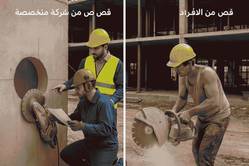 مقارنة بين قص الخرسانة من شركة متخصصة بأستخدام معدات احترافية و بين قص الخرسانة من عمال أفراد بطريقة بدائية فى موقع انشائي.